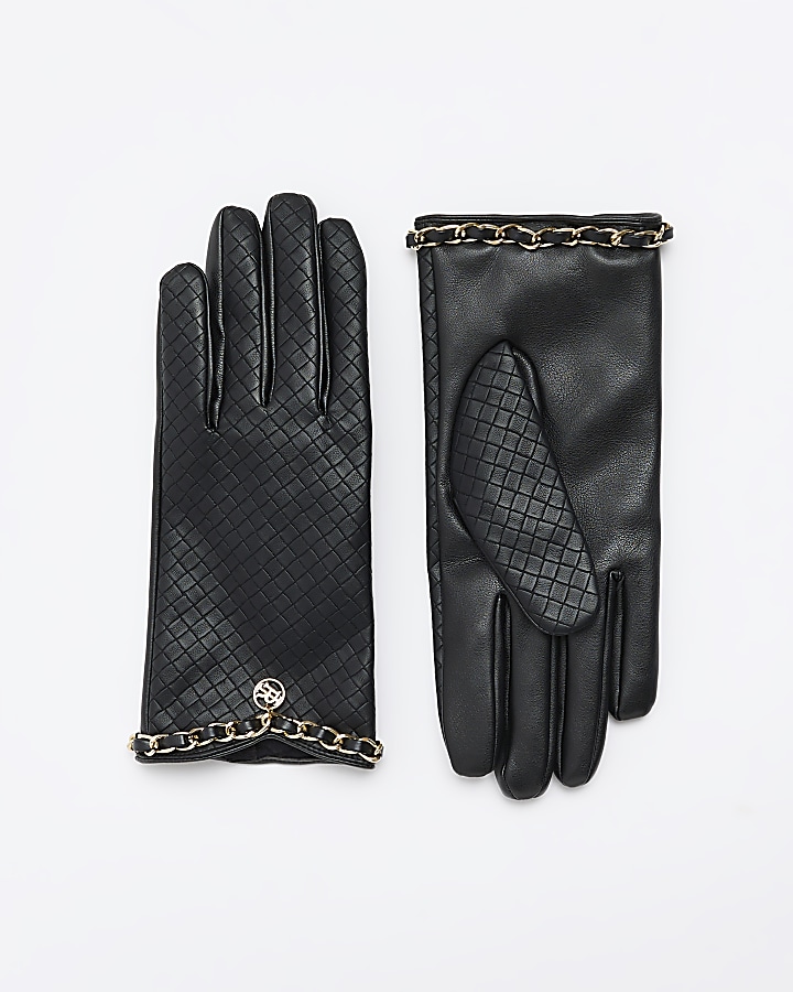 Black chain detail faux leather gloves | River Island