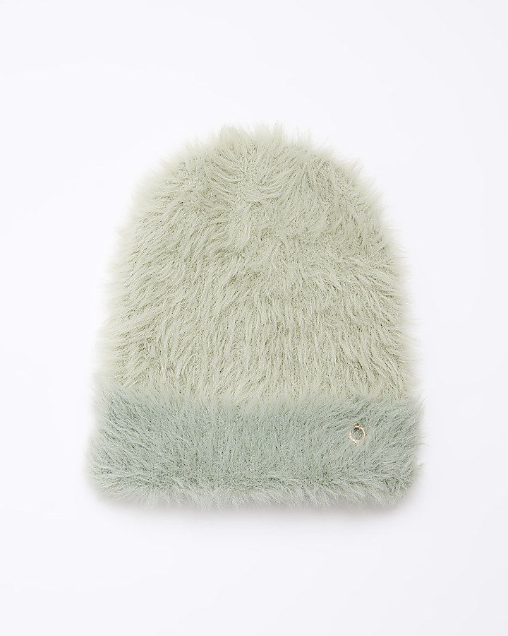 Green fluffy rib beanie hat