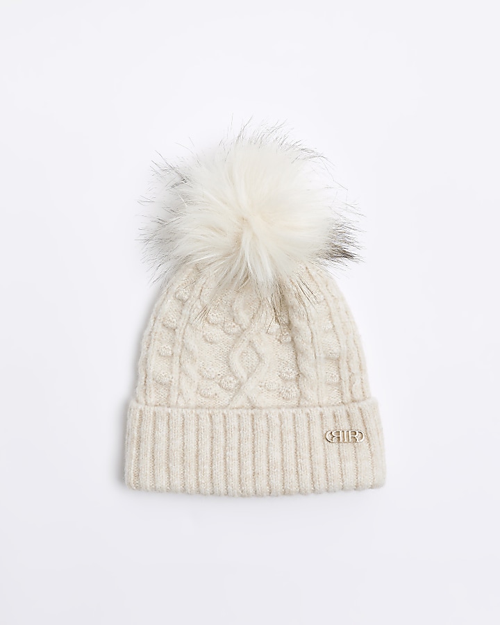 Beige cable knit beanie hat