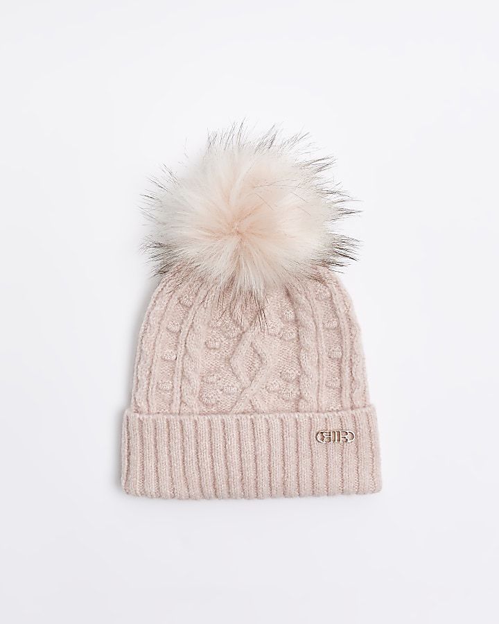 Pink cable knit beanie hat