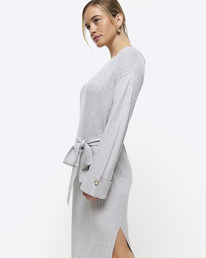 Petite grey knitted belted jumper midi dress