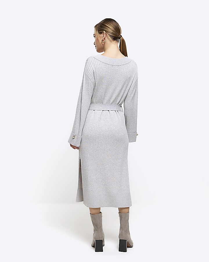 Petite grey knitted belted jumper midi dress