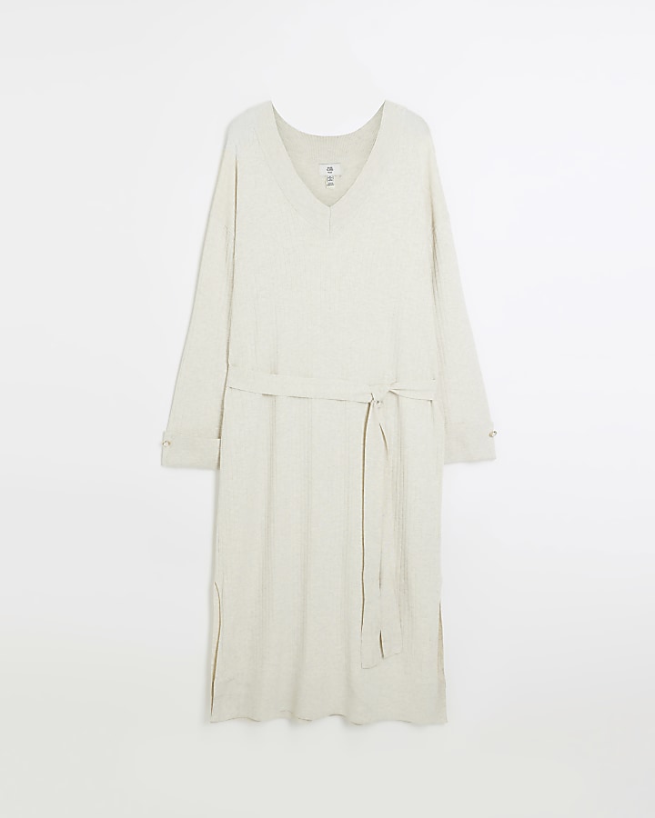 Plus beige knitted belted jumper midi dress
