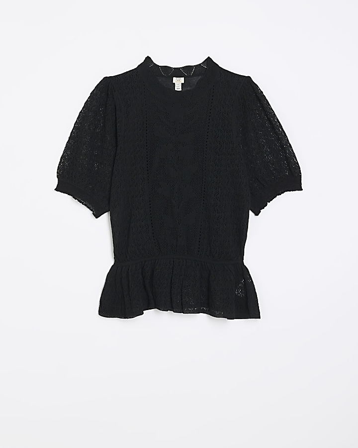 Black knitted puff sleeve peplum top