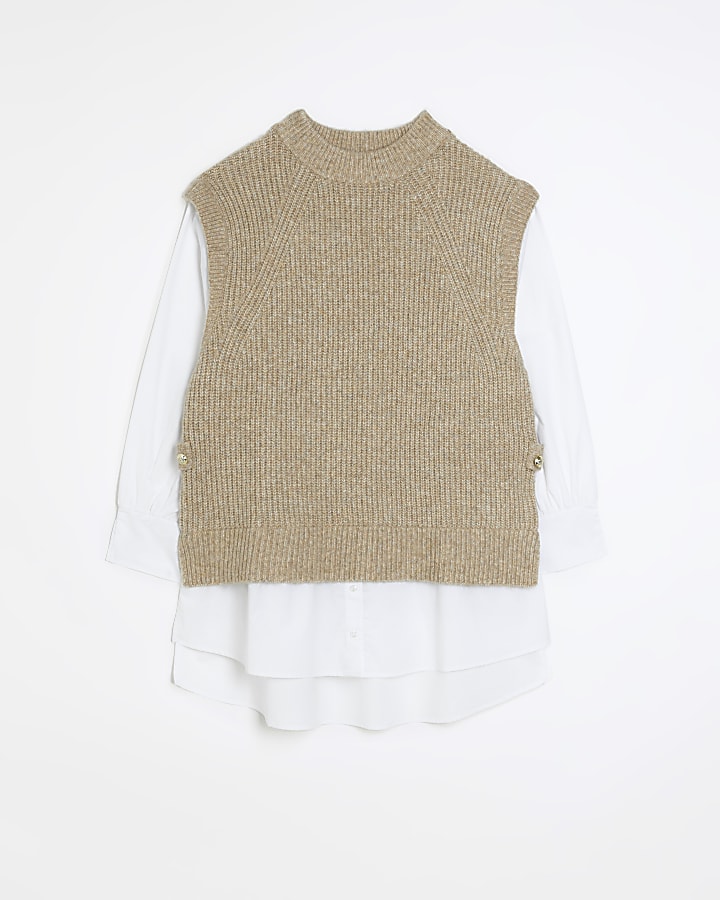 Plus beige knitted hybrid jumper