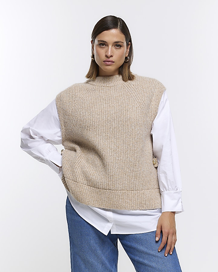 Plus beige knitted hybrid jumper