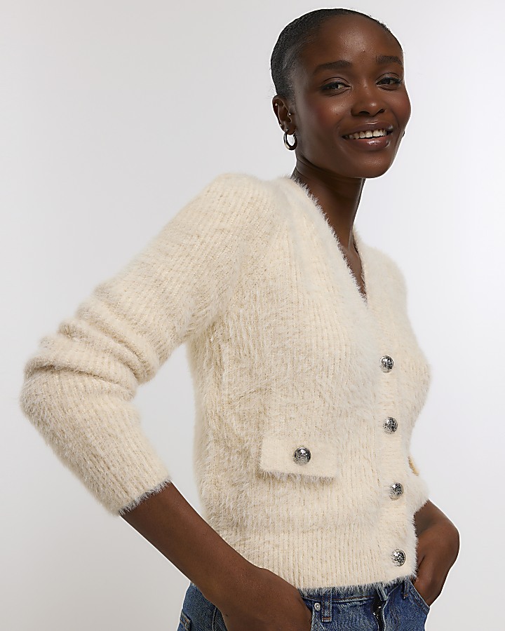 Cream knitted shoulder pad cardigan