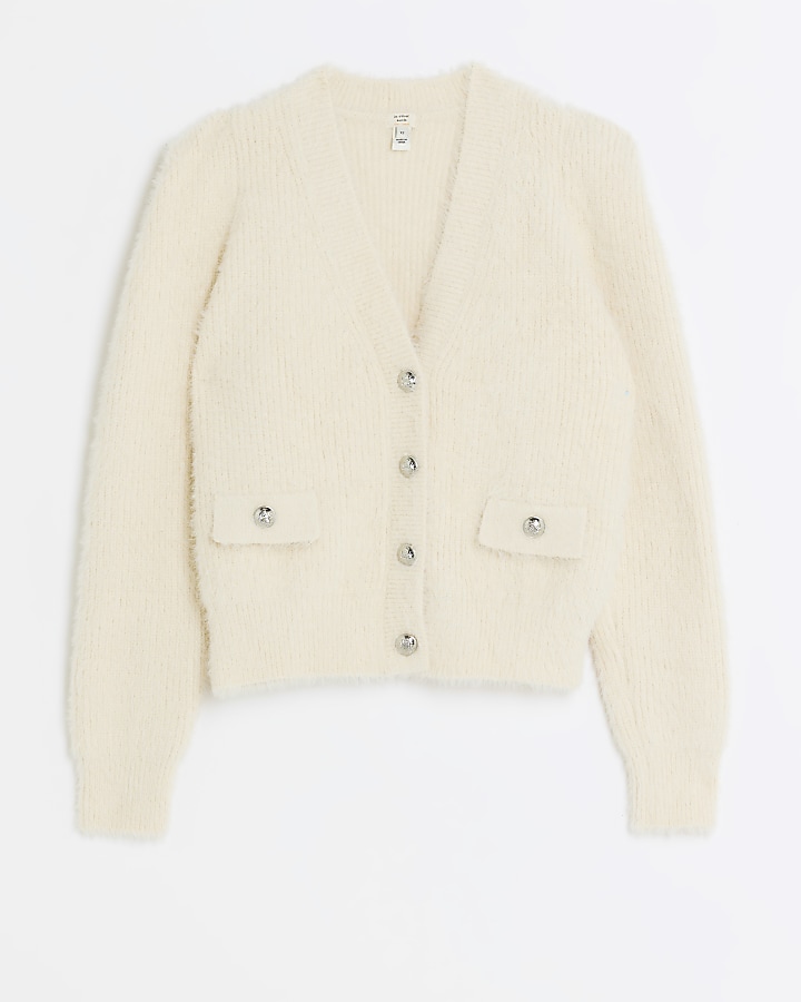 Cream knitted shoulder pad cardigan | River Island