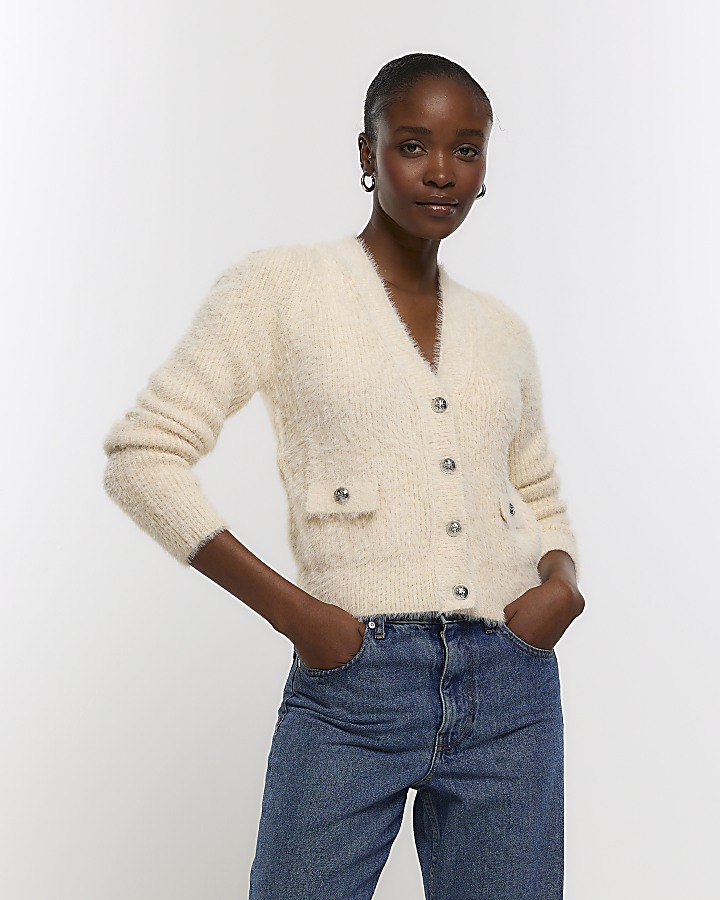 Cream knitted shoulder pad cardigan River Island