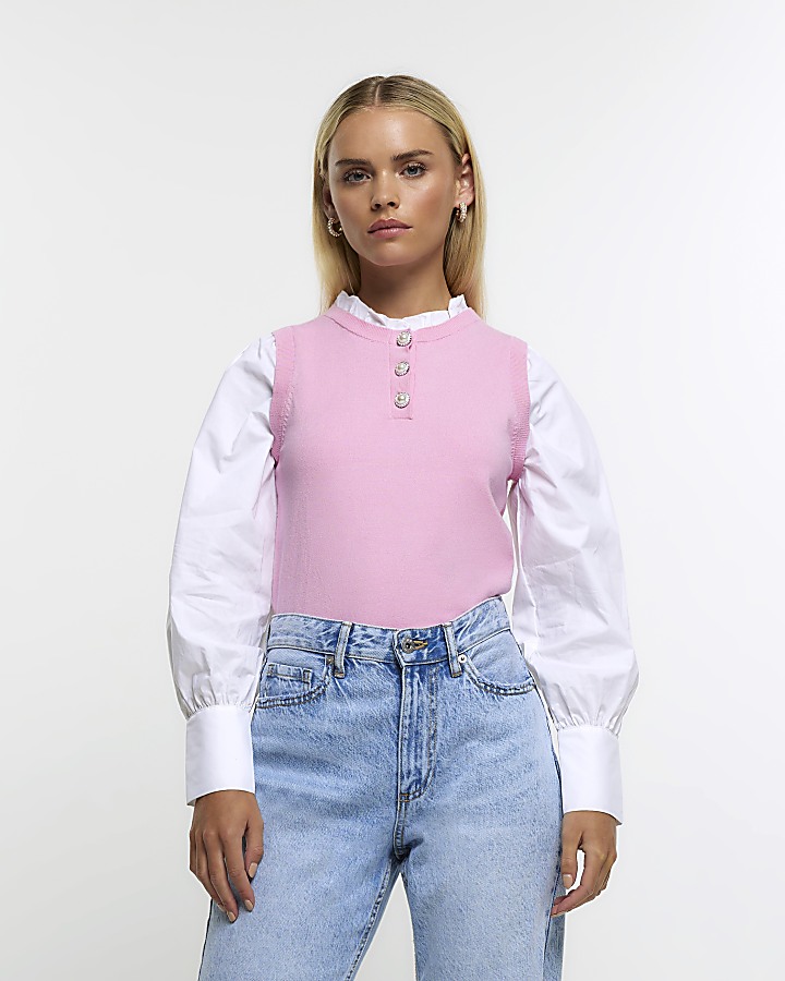 Petite pink puff sleeve hybrid top