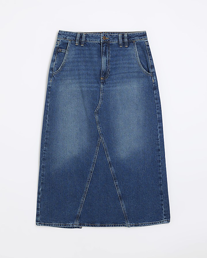 Petite blue denim maxi skirt