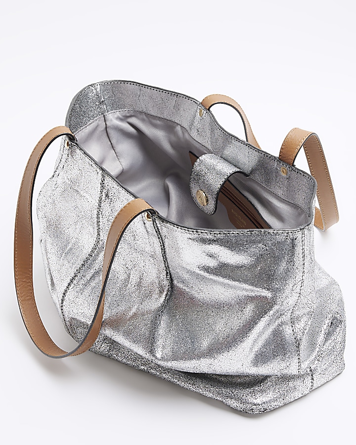 Silver leather metallic shopper bag