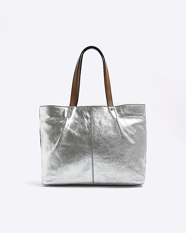 Silver leather metallic shopper bag River Island