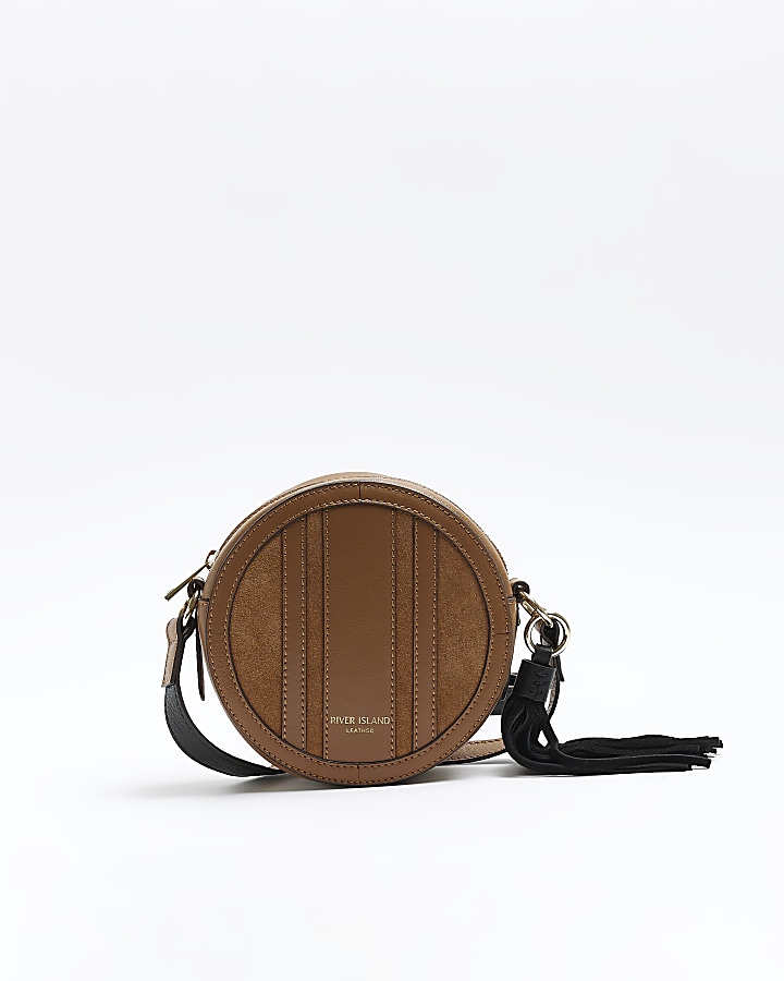 Brown leather round cross body bag River Island