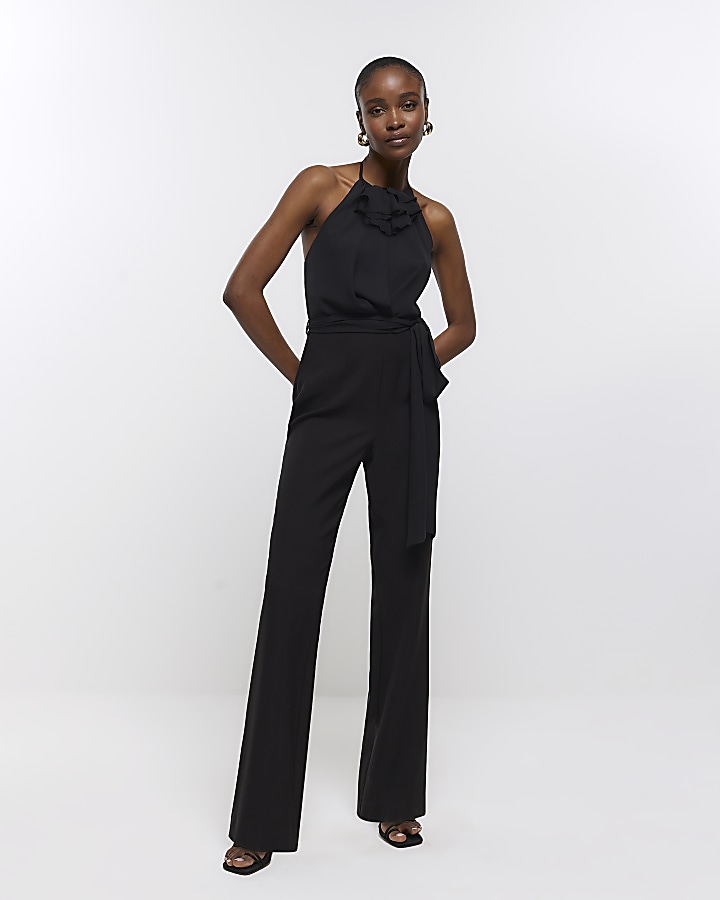 Black halter neck clearance jumpsuits