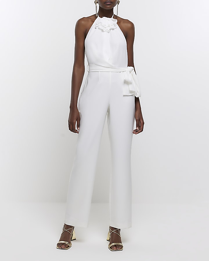 White corsage halter neck jumpsuit | River Island