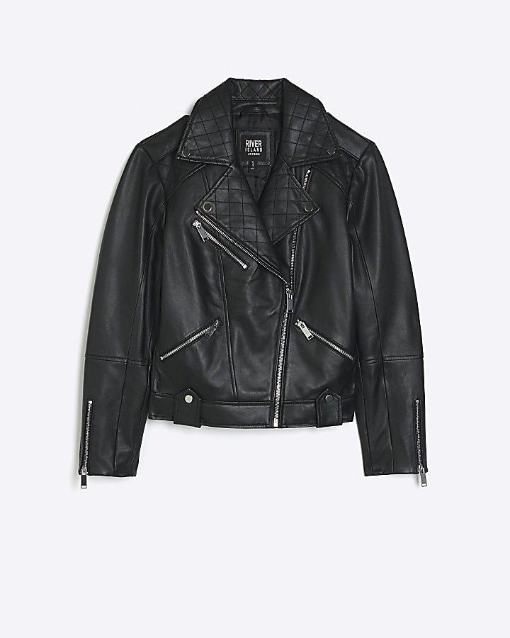 Black leather zip up biker jacket