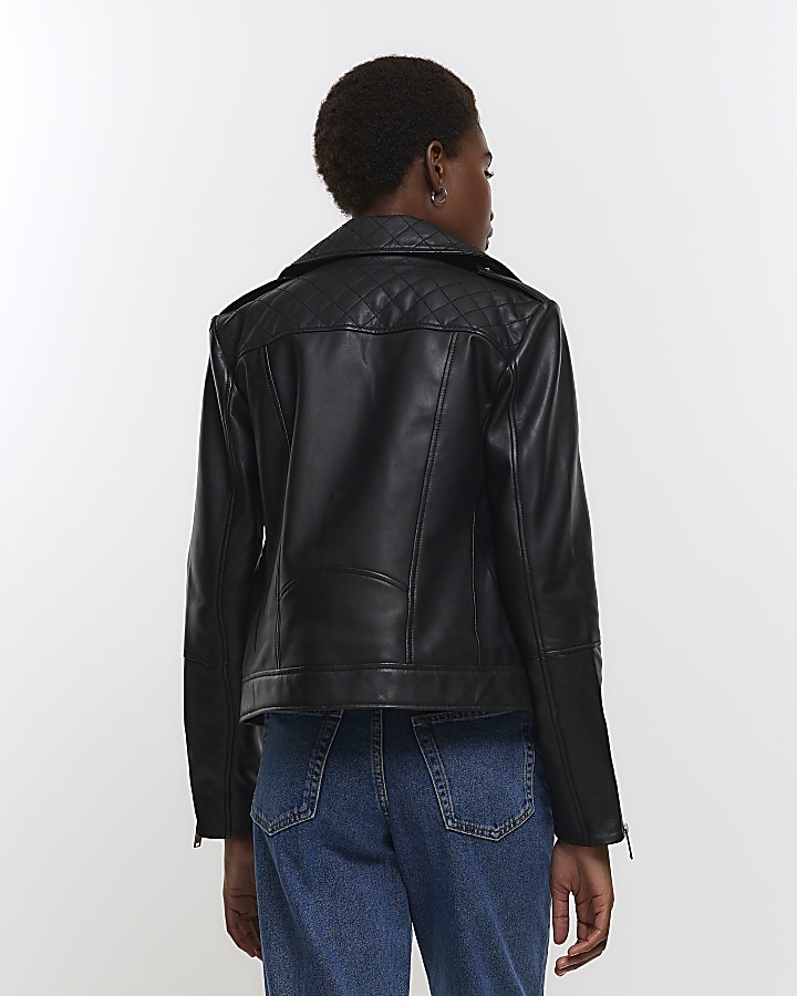Black leather zip up biker jacket | River Island