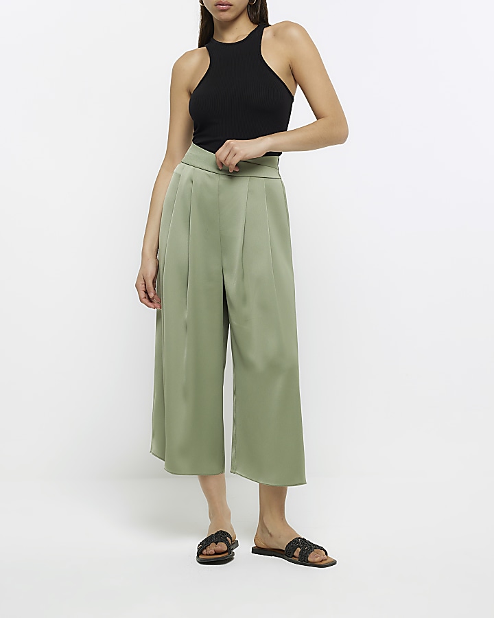 Khaki satin wide leg culottes