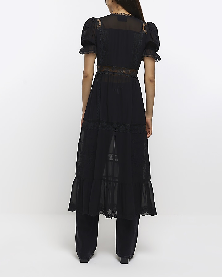 Black lace puff sleeve longline top River Island