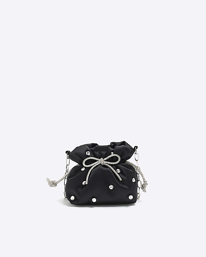 Black satin drawstring outlet bag