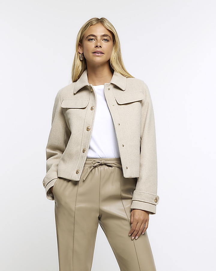 Beige buttoned up crop jacket River Island