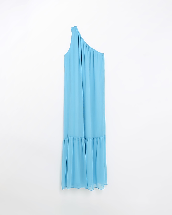Blue chiffon one shoulder smock maxi dress