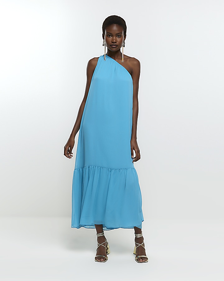 Blue chiffon one shoulder smock maxi dress