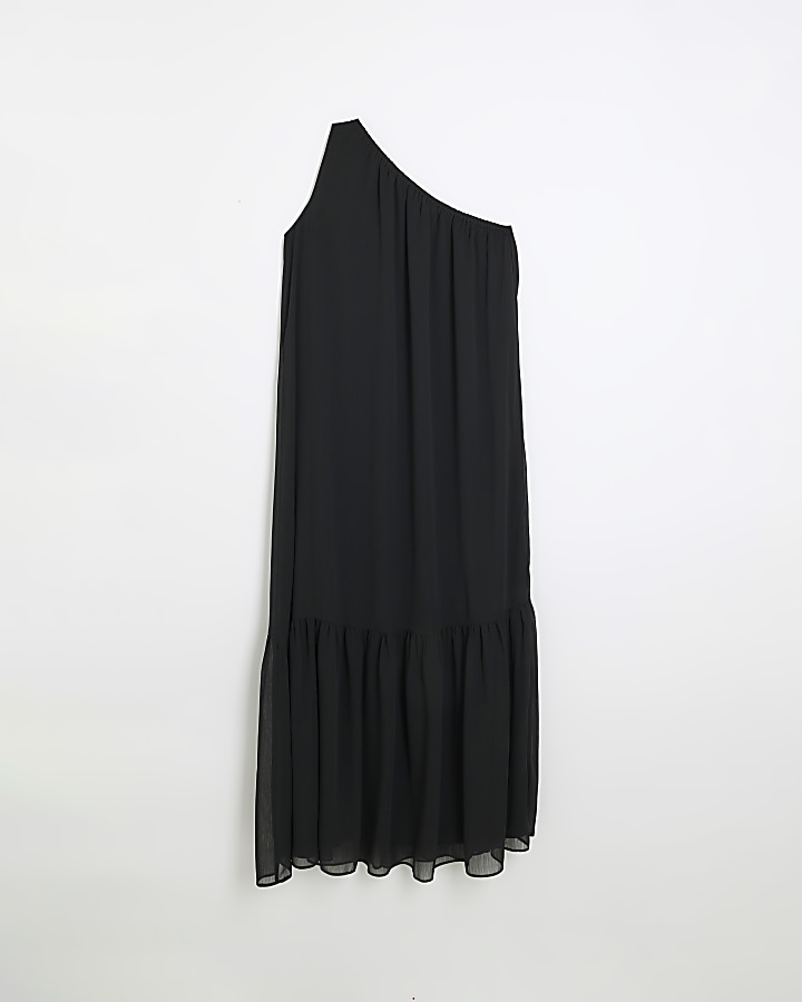 Black chiffon one shoulder smock maxi dress