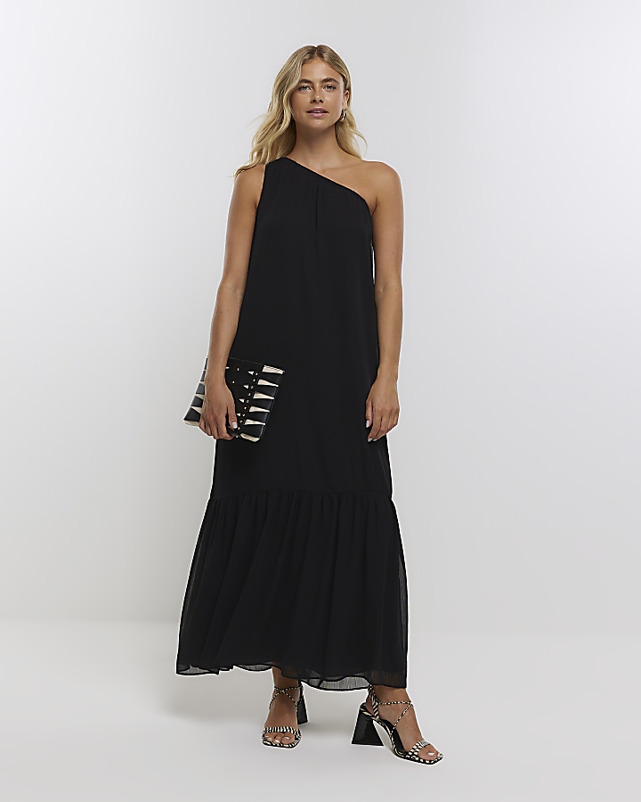 Black chiffon one shoulder smock maxi dress