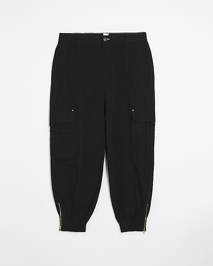 Plus black zip cuffed cargo trousers