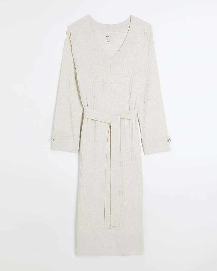 Cream knitted belted jumper midi dress River Island