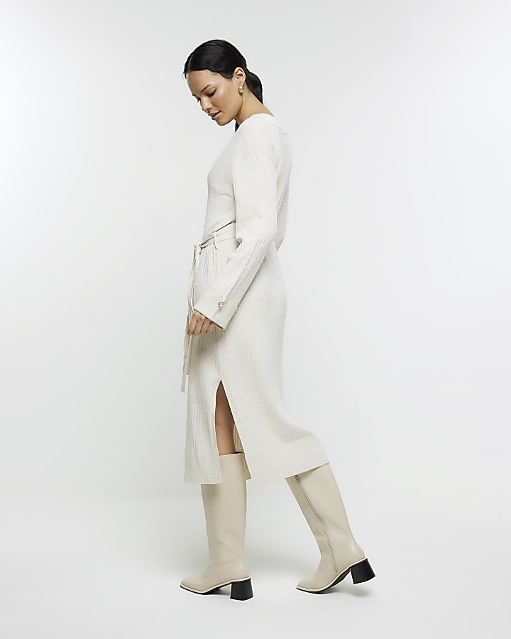 Cream knitted belted jumper midi dress River Island