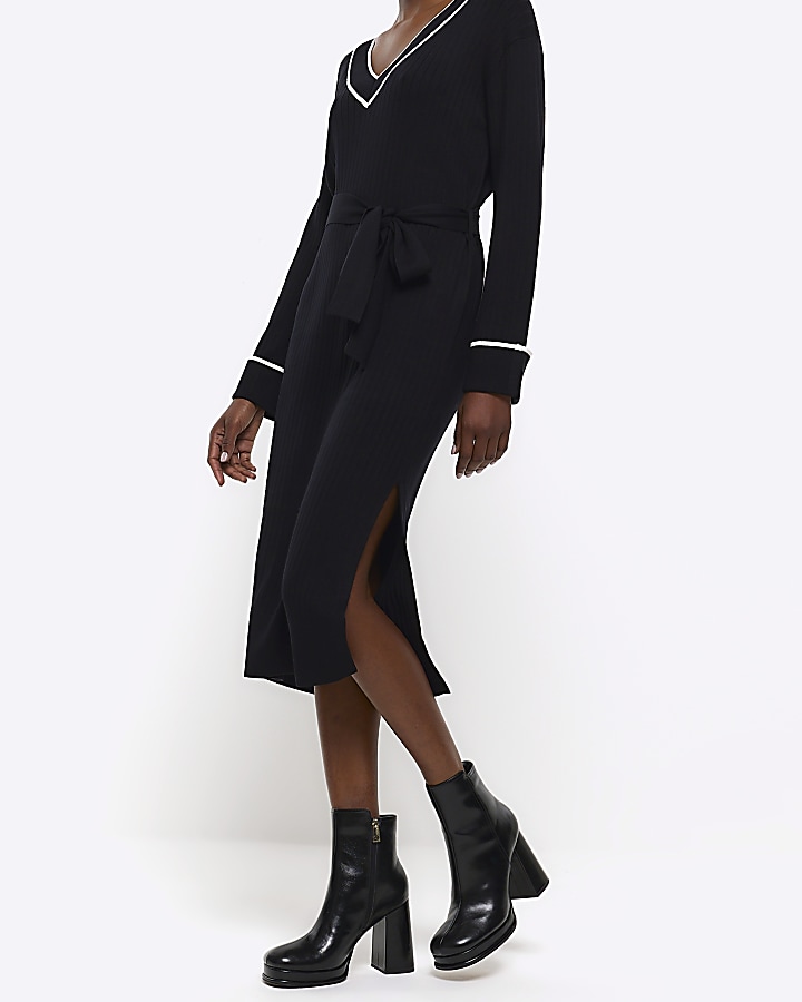 Black knitted tie waist jumper midi dress