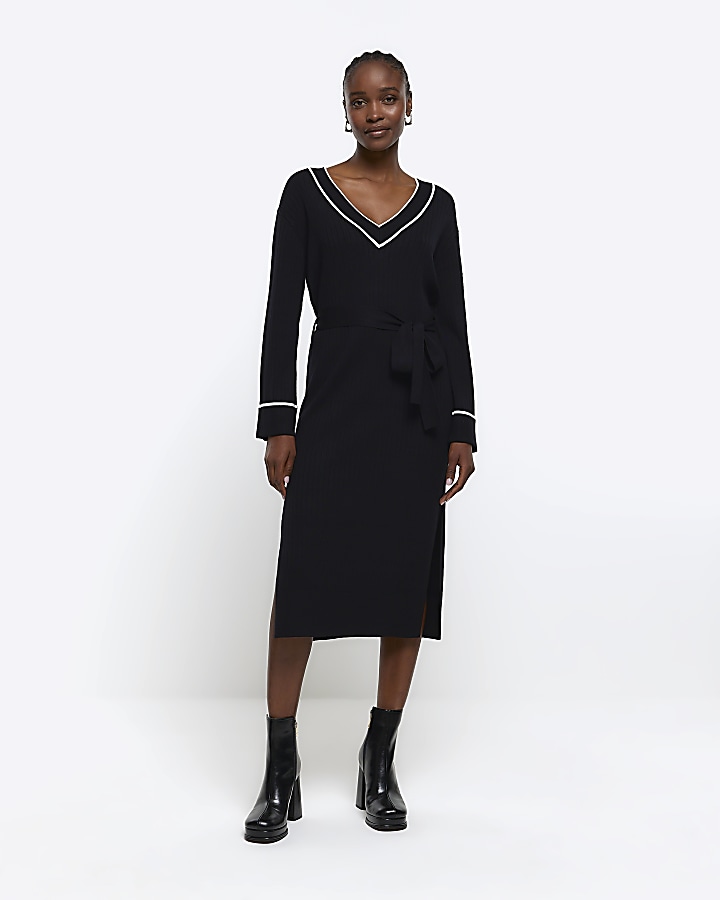 Black knitted tie waist jumper midi dress