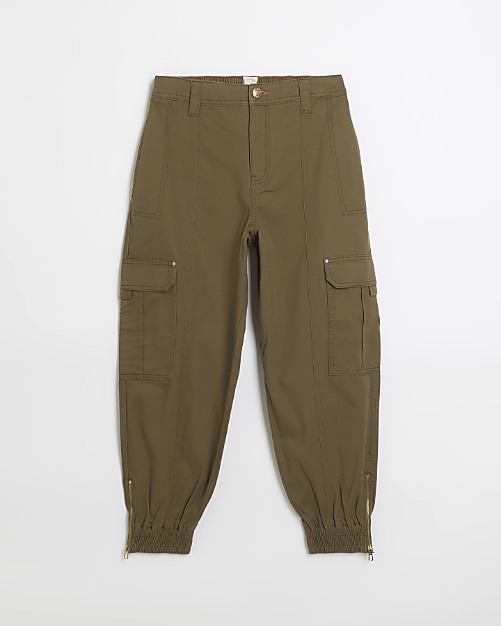 Petite khaki zip cuffed cargo trousers