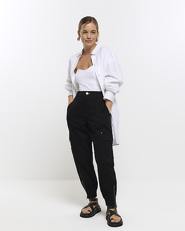 Petite black zip cuffed cargo trousers