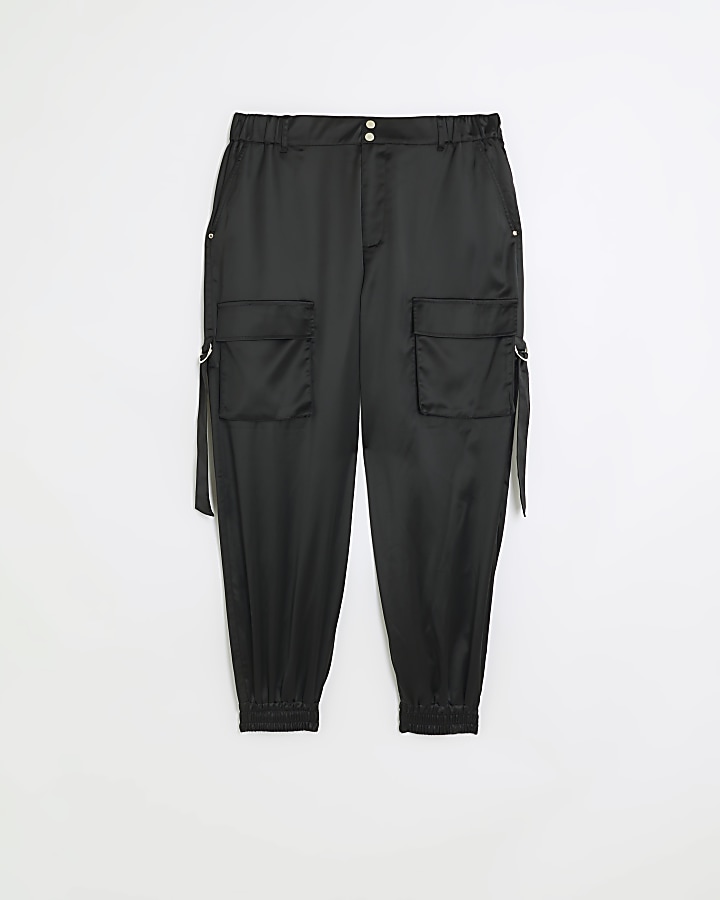 Plus black satin cuffed cargo trousers