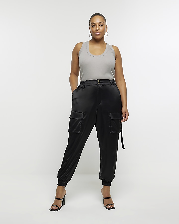 Plus black satin cuffed cargo trousers