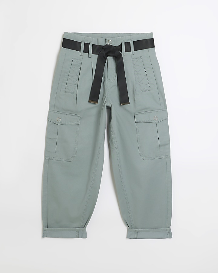 Petite blue paperbag belted cargo trousers