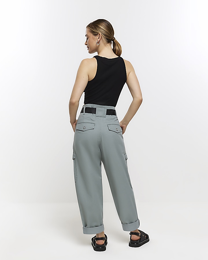 Petite blue paperbag belted cargo trousers