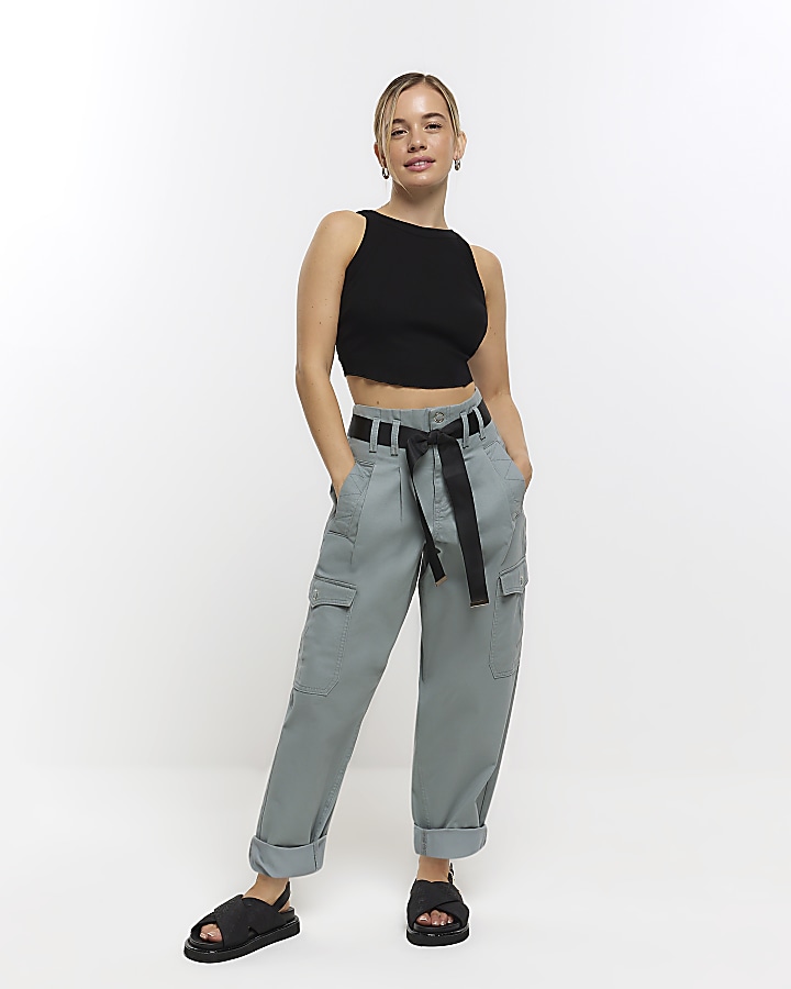 Women's Petite Twill Paperbag Waist Cargo Trousers