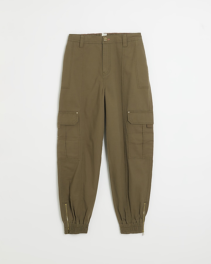 Khaki twill cuffed cargo trousers | River Island