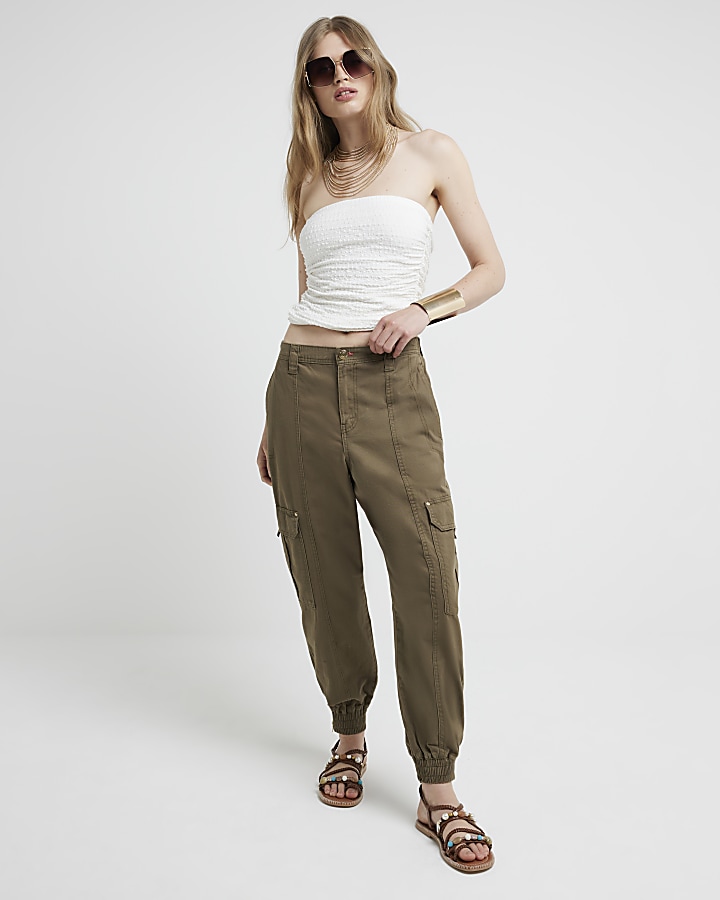 Khaki twill cuffed cargo trousers