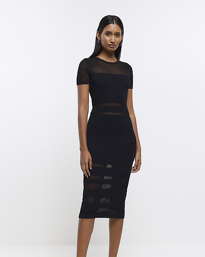 Black Sheer Knit Stripe Midi Dress