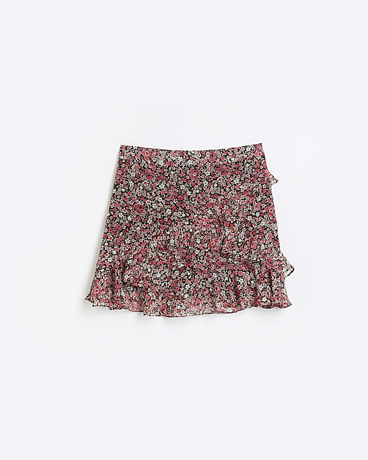 Black floral frill mini skirt