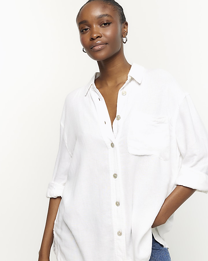 White oversized shirt with linen | River Island