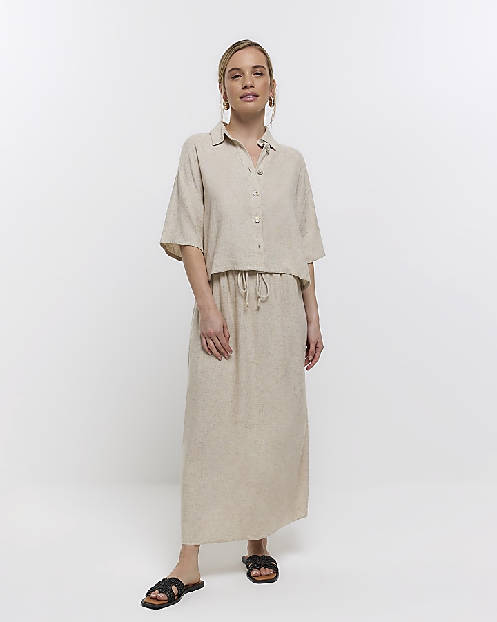 Petite stone midi skirt with linen River Island