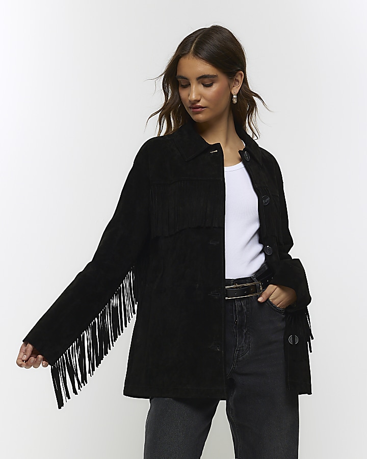 Black faux outlet suede fringe jacket