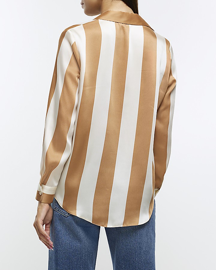 Brown satin stripe long sleeve shirt